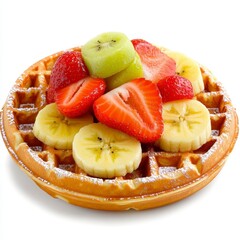 Golden Waffle with Fresh Strawberries, Kiwi, and Banana