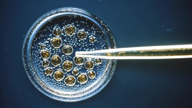 Embryo transfer process under microscope with pipette and needle injecting cells in laboratory science environment for research