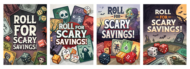 Set of four posters featuring spooky-themed savings with dice and ghostly graphics