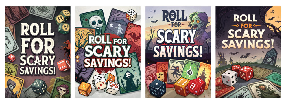 Set of four posters featuring spooky-themed savings with dice and ghostly graphics