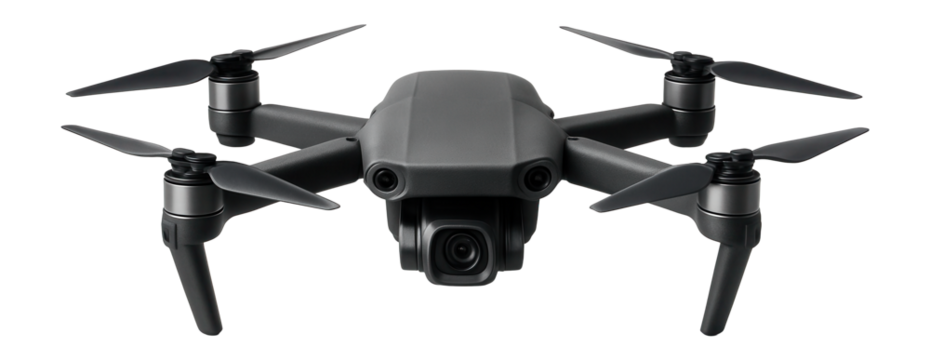 A sleek black quadcopter drone with a camera and four propellers, designed for high-quality aerial photography and videography on transparent background.