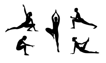 Yoga Poses Silhouettes, Fitness, Wellness Vector Illustrations