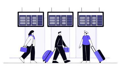 Flat Vector Illustration, Travelers at Airport with Luggage and Departure Board