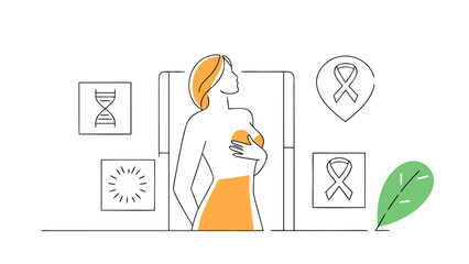 Line Art Illustration of Woman with Breast Cancer Awareness Ribbon