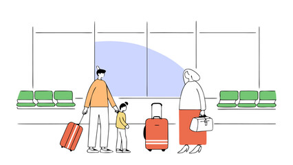 Family Waiting at Airport, Travel Illustration