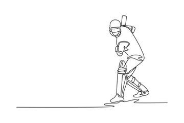 Single one line drawing front view of man cricketer hitting the ball with bat for match or competition. Fitness training, performance or game. Continuous line draw design graphic vector illustration
