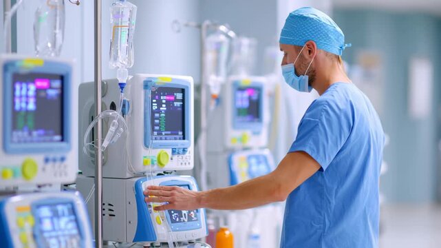 Medical professional operating medical equipment hospital for embryo transfer healthcare infusion pump monitoring and patient care