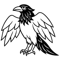 Obraz premium Heraldic black raven bird vector with spread wings, a powerful crow mascot illustration.