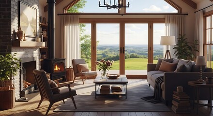 Fototapeta premium Cozy Living Room with Fireplace and Scenic Countryside View