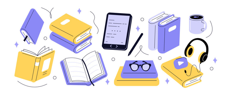 
Reading, learning, studying set. Paper books, ebook, audiobook and other library items. Education concept. Vector illustration.