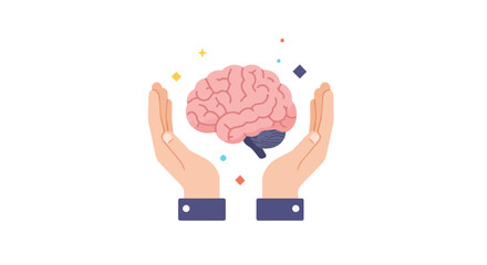 Hands supporting brain care concept with geometric shapes