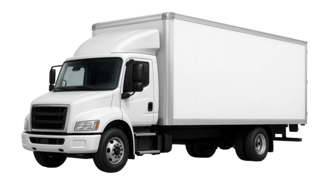 White delivery truck with large cargo box and aerodynamic cab design on transparent background.