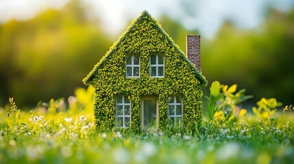 Small House Covered with Yellow Flowers in a Green Meadow on a Sunny Day