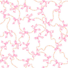 Seamless pattern with a pink bow and a pearl thread, hand drawn in watercolor.