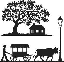 Rural countryside silhouette, large oak tree, small house, vintage bullock cart, farmer walking, street lamp, peaceful village scene