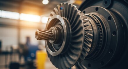 Energetic shot of mechanical turbine shaft rotating under factory lights.