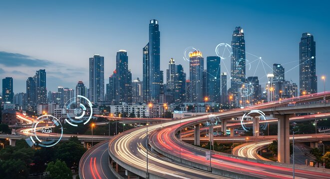 Smart City Infrastructure: Futuristic Skyline and Traffic Flow