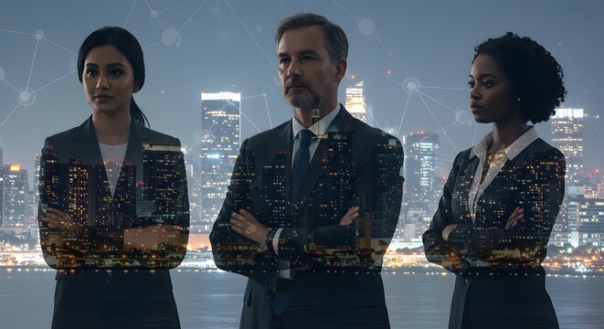 Successful Diverse Business Team in a Modern Cityscape at Night