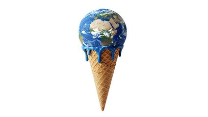 Global warming concept earth planet melting like ice cream cone climate change environment disaster illustration on transparent background