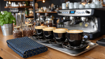 Four black coffee cups with latte art arranged on a silver tray, placed on a wooden table in a cozy cafe setting with a coffee machine and decorative elements