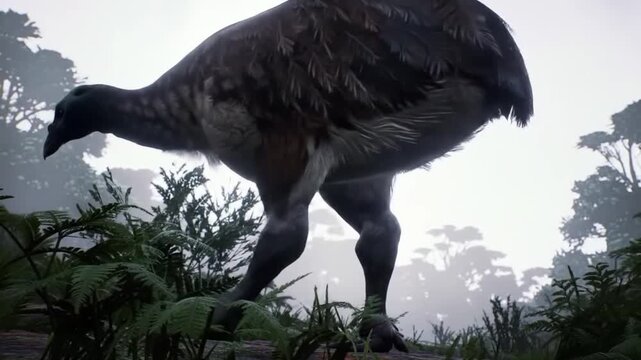 Towering Moa Bird Walks Through Foggy New Zealand Forest &ndash; Extinct Prehistoric Giant in Primeval Island Wilderness

