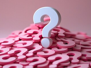 A pile of pink question marks with one white question mark prominently displayed