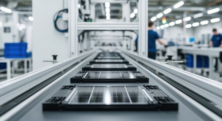 Automated conveyor belt transporting solar panel components during assembly