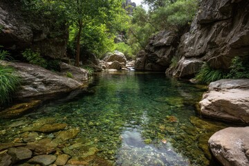 Crystal-clear pool nestled in a rocky gorge. Lush greenery surrounds