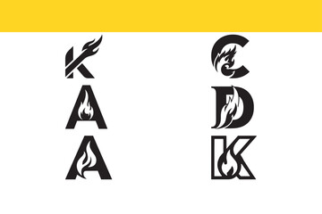 Collection of creative alphabet letter monograms with a fire flame element, a vector set for modern brand identity