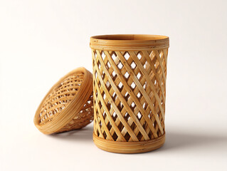 Photorealistic composition of a bamboo utensil holder with woven vine patterns