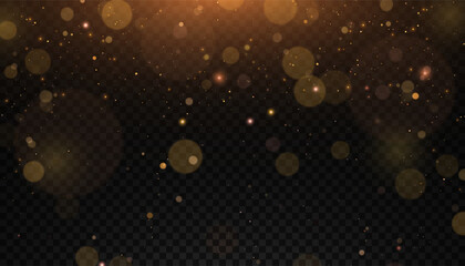 An abstract background of glowing golden particles with bokeh and glow effects, placed on a transparent background. Great for holiday decorations, background overlays and New Year's scenes.