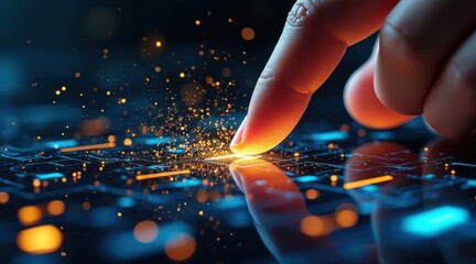 Finger touches glowing circuit board sparking digital future