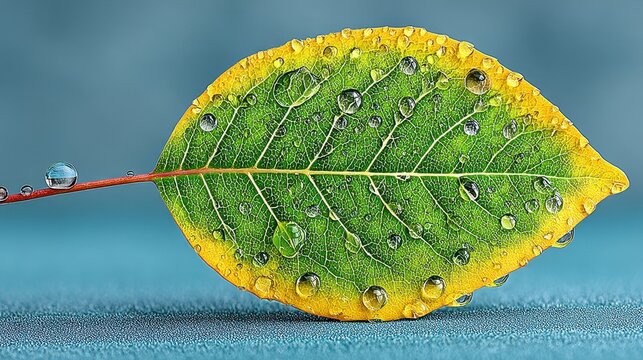 Green Leaf with Yellow Edges Covered in Water Droplets on Textured Blue Surface - Powered by Adobe