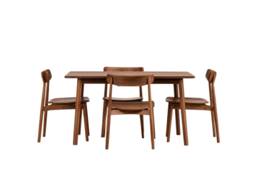 Elegant wooden dining table with four chairs isolated on transparent background, perfect for a modern and minimalist home interior design concept