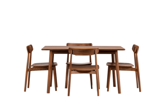 Elegant wooden dining table with four chairs isolated on transparent background, perfect for a modern and minimalist home interior design concept