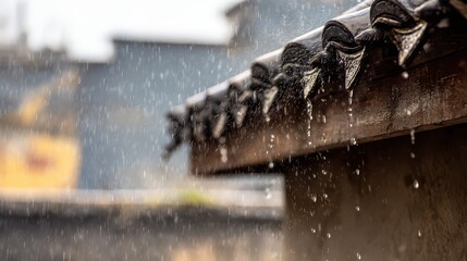 Rainy day, close-up of raindrops falling on the eaves of an old house