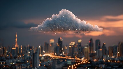 Networked cloud over city skyline at dusk with orange sky