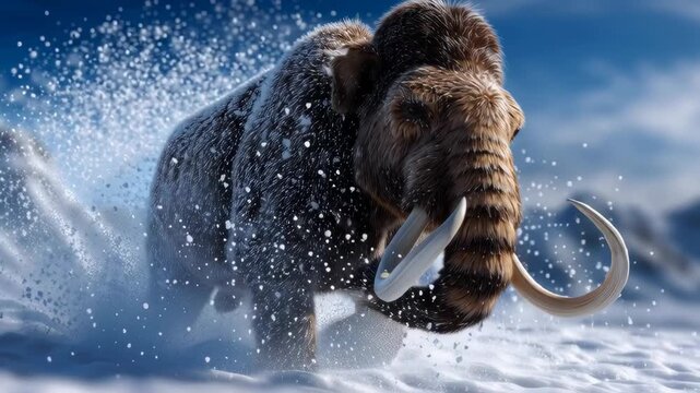 A woolly mammoth strides through the snow, a powerful image of the ice age.