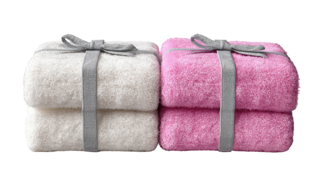 Two stacked blankets, one white, one pink, tied with gray ribbon