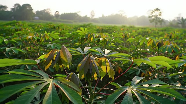 Lush Green Cassava Field Bathed in Morning Sunlight Rural Agricultural Landscape