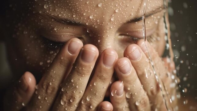 detailed close-up, water droplets clinging to a woman's skin as she collects tap water, subtle reflections, emphasizing freshness and tactile experience, soft diffused light