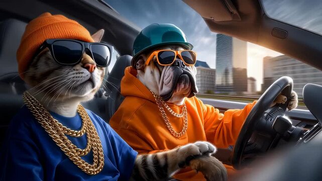 A cool cat and bulldog are cruising in a car, ready for a road trip adventure.