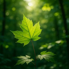 Fototapeta premium A digital photograph captures a single green maple leaf bathed in soft natural sunlight, creating a peaceful and organic atmosphere. Ideal for use in eco-friendly themes, nature p