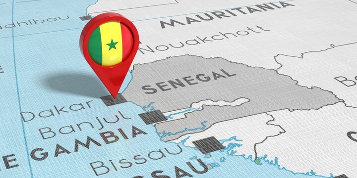 Senegal, Dakar - location pin with national flag on political map - 3D illustration