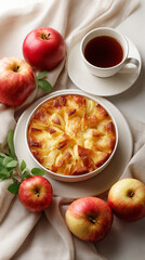 Apple dessert in white bowl with fresh apples on table flat lay view autumn composition concept

