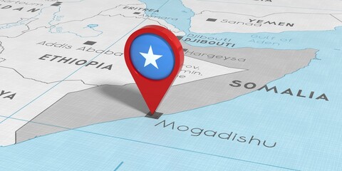 Somalia, Mogadishu - location pin with national flag on political map - 3D illustration