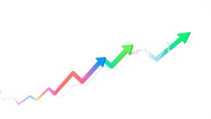 Business graph shows market growth with a rising red arrow