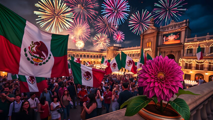 Festive Mexican celebration at night with fireworks, flags, a crowd, and a vibrant dahlia.