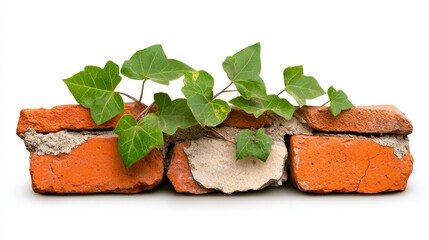 Green Vine Growing on Weathered Red Brick Wall Against White Background
