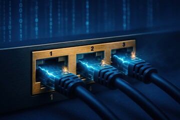 Electric Sparks Erupt from Active Network Ports as Data Flows Through Ethernet Cables Surrounded by Streaming Binary Code in a High-Tech Environment